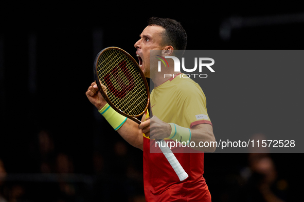 Roberto Bautista Agut of Spain celebrates a point during the game against Arthur Fils of France during the 2024 Davis Cup Group B Stage matc...