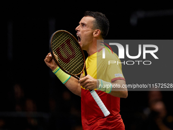 Roberto Bautista Agut of Spain celebrates a point during the game against Arthur Fils of France during the 2024 Davis Cup Group B Stage matc...