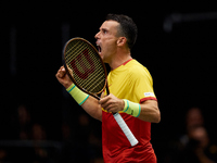 Roberto Bautista Agut of Spain celebrates a point during the game against Arthur Fils of France during the 2024 Davis Cup Group B Stage matc...