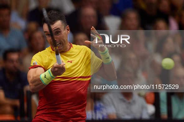 Roberto Bautista Agut of Spain celebrates a point during the game against Arthur Fils of France during the 2024 Davis Cup Group B Stage matc...