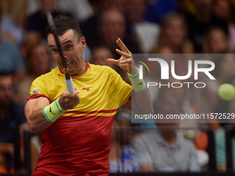 Roberto Bautista Agut of Spain celebrates a point during the game against Arthur Fils of France during the 2024 Davis Cup Group B Stage matc...