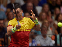 Roberto Bautista Agut of Spain celebrates a point during the game against Arthur Fils of France during the 2024 Davis Cup Group B Stage matc...