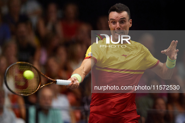 Roberto Bautista Agut of Spain celebrates a point during the game against Arthur Fils of France during the 2024 Davis Cup Group B Stage matc...