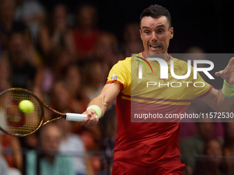 Roberto Bautista Agut of Spain celebrates a point during the game against Arthur Fils of France during the 2024 Davis Cup Group B Stage matc...