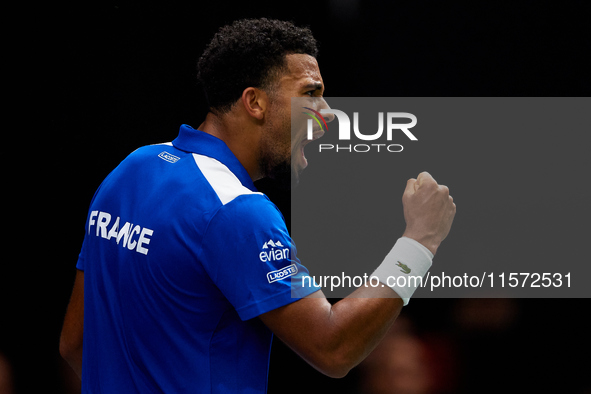 Arthur Fils of France celebrates a point during the game against Roberto Bautista Agut during the 2024 Davis Cup Group B Stage match between...