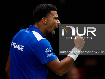 Arthur Fils of France celebrates a point during the game against Roberto Bautista Agut during the 2024 Davis Cup Group B Stage match between...