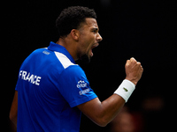 Arthur Fils of France celebrates a point during the game against Roberto Bautista Agut during the 2024 Davis Cup Group B Stage match between...