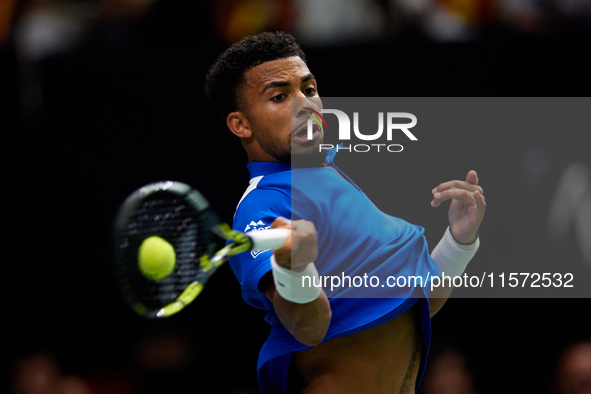 Arthur Fils of France plays against Roberto Bautista Agut during the 2024 Davis Cup Group B Stage match between France and Spain at Pabellon...