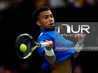 Arthur Fils of France plays against Roberto Bautista Agut during the 2024 Davis Cup Group B Stage match between France and Spain at Pabellon...