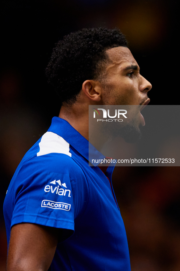 Arthur Fils of France celebrates a point during the game against Roberto Bautista Agut during the 2024 Davis Cup Group B Stage match between...