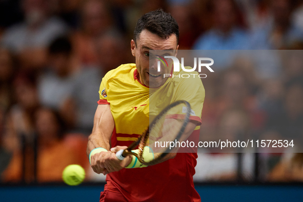 Roberto Bautista Agut of Spain is in action during the game against Arthur Fils of France during the 2024 Davis Cup Group B Stage match betw...