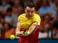 Roberto Bautista Agut of Spain is in action during the game against Arthur Fils of France during the 2024 Davis Cup Group B Stage match betw...