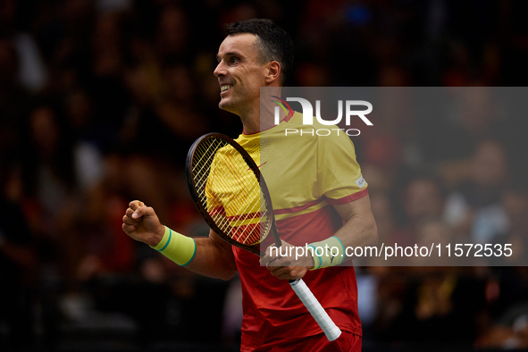 Roberto Bautista Agut of Spain celebrates a point during the game against Arthur Fils of France during the 2024 Davis Cup Group B Stage matc...