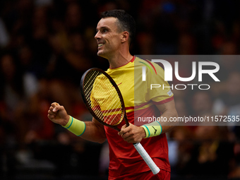 Roberto Bautista Agut of Spain celebrates a point during the game against Arthur Fils of France during the 2024 Davis Cup Group B Stage matc...