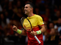 Roberto Bautista Agut of Spain celebrates a point during the game against Arthur Fils of France during the 2024 Davis Cup Group B Stage matc...