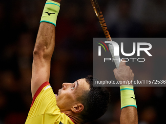 Roberto Bautista Agut of Spain serves during the game against Arthur Fils of France during the 2024 Davis Cup Group B Stage match between Fr...