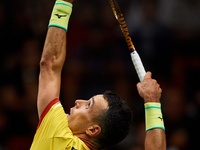 Roberto Bautista Agut of Spain serves during the game against Arthur Fils of France during the 2024 Davis Cup Group B Stage match between Fr...