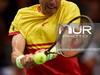 Roberto Bautista Agut of Spain is in action during the game against Arthur Fils of France during the 2024 Davis Cup Group B Stage match betw...