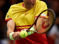 Roberto Bautista Agut of Spain is in action during the game against Arthur Fils of France during the 2024 Davis Cup Group B Stage match betw...