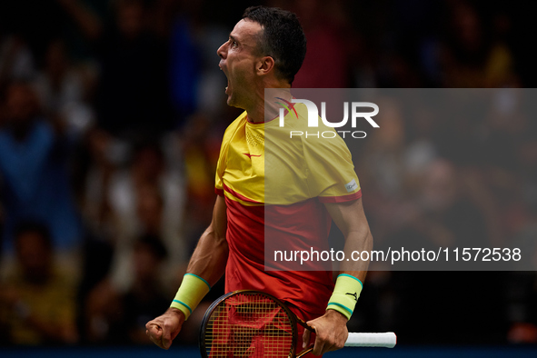 Roberto Bautista Agut of Spain celebrates the victory following the game against Arthur Fils of France during the 2024 Davis Cup Group B Sta...