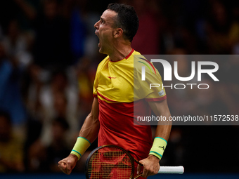 Roberto Bautista Agut of Spain celebrates the victory following the game against Arthur Fils of France during the 2024 Davis Cup Group B Sta...