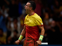 Roberto Bautista Agut of Spain celebrates the victory following the game against Arthur Fils of France during the 2024 Davis Cup Group B Sta...