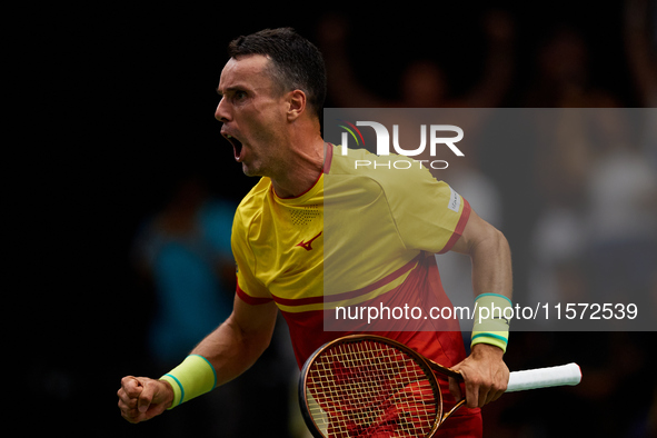 Roberto Bautista Agut of Spain celebrates the victory following the game against Arthur Fils of France during the 2024 Davis Cup Group B Sta...