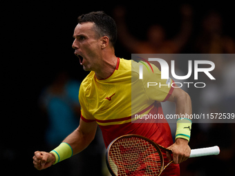 Roberto Bautista Agut of Spain celebrates the victory following the game against Arthur Fils of France during the 2024 Davis Cup Group B Sta...