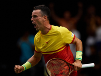 Roberto Bautista Agut of Spain celebrates the victory following the game against Arthur Fils of France during the 2024 Davis Cup Group B Sta...