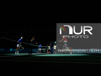 Carlos Alcaraz of Spain jumps prior to the game against Ugo Humbert of France during the 2024 Davis Cup Group B Stage match between France a...