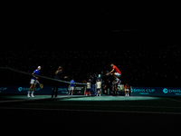 Carlos Alcaraz of Spain jumps prior to the game against Ugo Humbert of France during the 2024 Davis Cup Group B Stage match between France a...