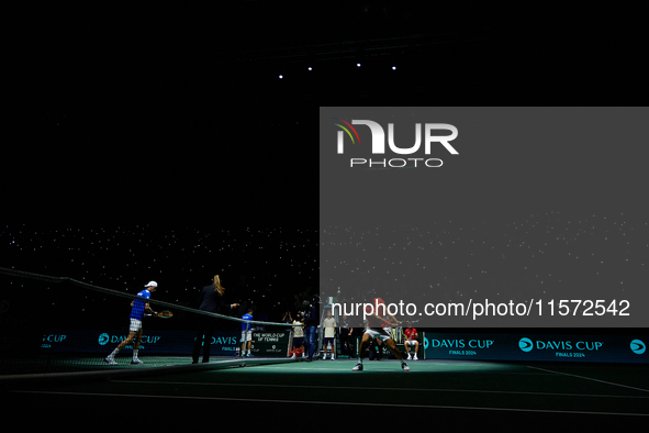 Carlos Alcaraz of Spain warms up prior to the game against Ugo Humbert of France during the 2024 Davis Cup Group B Stage match between Franc...