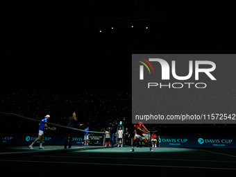 Carlos Alcaraz of Spain warms up prior to the game against Ugo Humbert of France during the 2024 Davis Cup Group B Stage match between Franc...