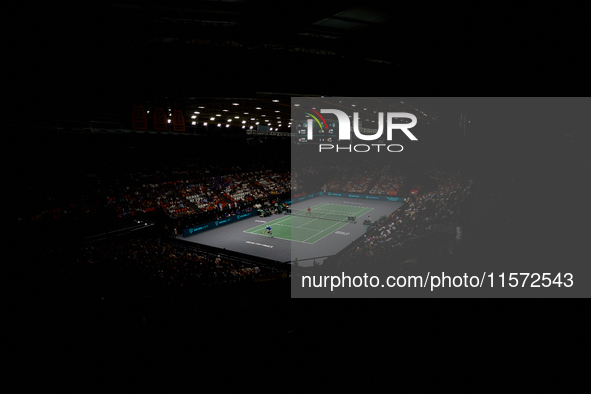 Ugo Humbert of France plays against Carlos Alcaraz of Spain during the 2024 Davis Cup Group B Stage match between France and Spain at Pabell...