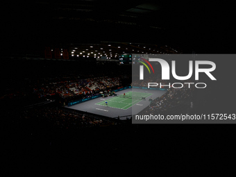 Ugo Humbert of France plays against Carlos Alcaraz of Spain during the 2024 Davis Cup Group B Stage match between France and Spain at Pabell...