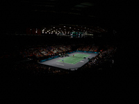 Ugo Humbert of France plays against Carlos Alcaraz of Spain during the 2024 Davis Cup Group B Stage match between France and Spain at Pabell...