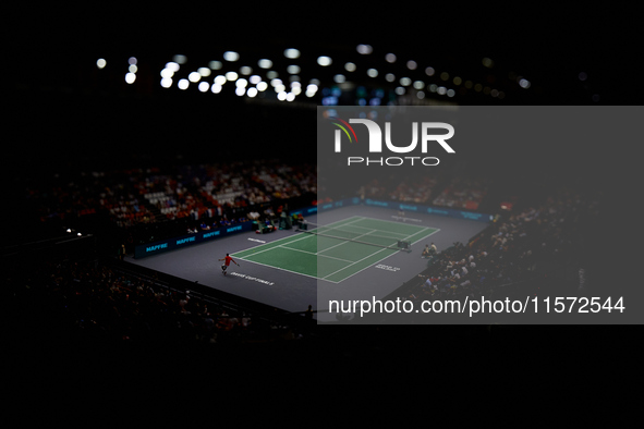 Carlos Alcaraz of Spain plays against Ugo Humbert of France during the 2024 Davis Cup Group B Stage match between France and Spain at Pabell...