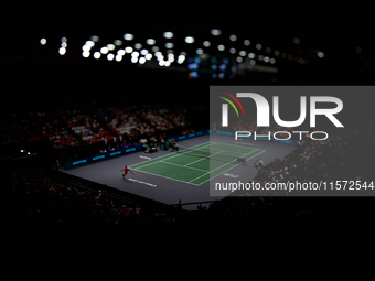 Carlos Alcaraz of Spain plays against Ugo Humbert of France during the 2024 Davis Cup Group B Stage match between France and Spain at Pabell...