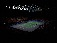 Carlos Alcaraz of Spain plays against Ugo Humbert of France during the 2024 Davis Cup Group B Stage match between France and Spain at Pabell...