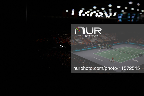 Carlos Alcaraz of Spain plays against Ugo Humbert of France during the 2024 Davis Cup Group B Stage match between France and Spain at Pabell...