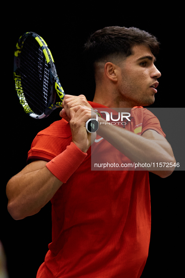 Carlos Alcaraz of Spain plays against Ugo Humbert of France during the 2024 Davis Cup Group B Stage match between France and Spain at Pabell...