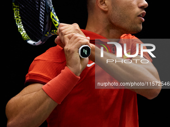 Carlos Alcaraz of Spain plays against Ugo Humbert of France during the 2024 Davis Cup Group B Stage match between France and Spain at Pabell...