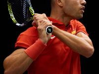 Carlos Alcaraz of Spain plays against Ugo Humbert of France during the 2024 Davis Cup Group B Stage match between France and Spain at Pabell...