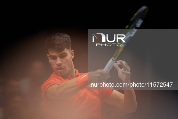 Carlos Alcaraz of Spain plays against Ugo Humbert of France during the 2024 Davis Cup Group B Stage match between France and Spain at Pabell...