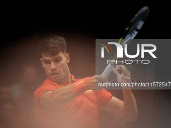 Carlos Alcaraz of Spain plays against Ugo Humbert of France during the 2024 Davis Cup Group B Stage match between France and Spain at Pabell...