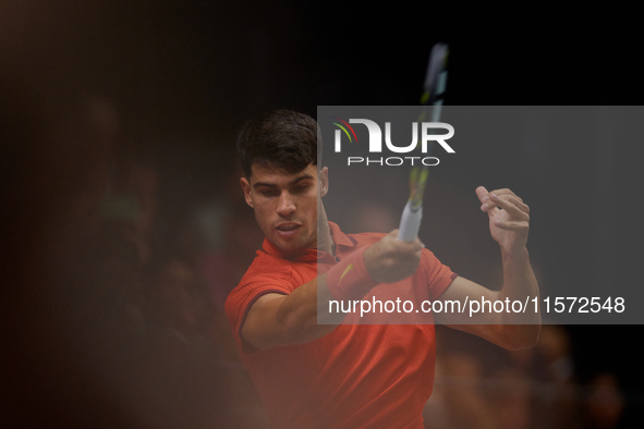 Carlos Alcaraz of Spain plays against Ugo Humbert of France during the 2024 Davis Cup Group B Stage match between France and Spain at Pabell...