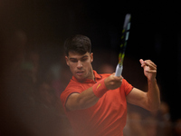 Carlos Alcaraz of Spain plays against Ugo Humbert of France during the 2024 Davis Cup Group B Stage match between France and Spain at Pabell...