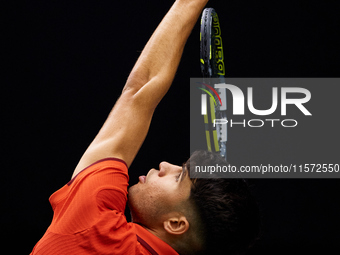 Carlos Alcaraz of Spain serves during the game against Ugo Humbert of France during the 2024 Davis Cup Group B Stage match between France an...