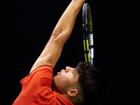 Carlos Alcaraz of Spain serves during the game against Ugo Humbert of France during the 2024 Davis Cup Group B Stage match between France an...