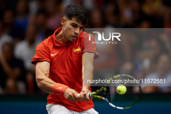 Carlos Alcaraz of Spain plays against Ugo Humbert of France during the 2024 Davis Cup Group B Stage match between France and Spain at Pabell...